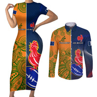 Custom France And Australia Rugby Couples Matching Short Sleeve Bodycon Dress and Long Sleeve Button Shirts 2023 World Cup Le Bleus Wallabies Together LT14 Gold - Polynesian Pride
