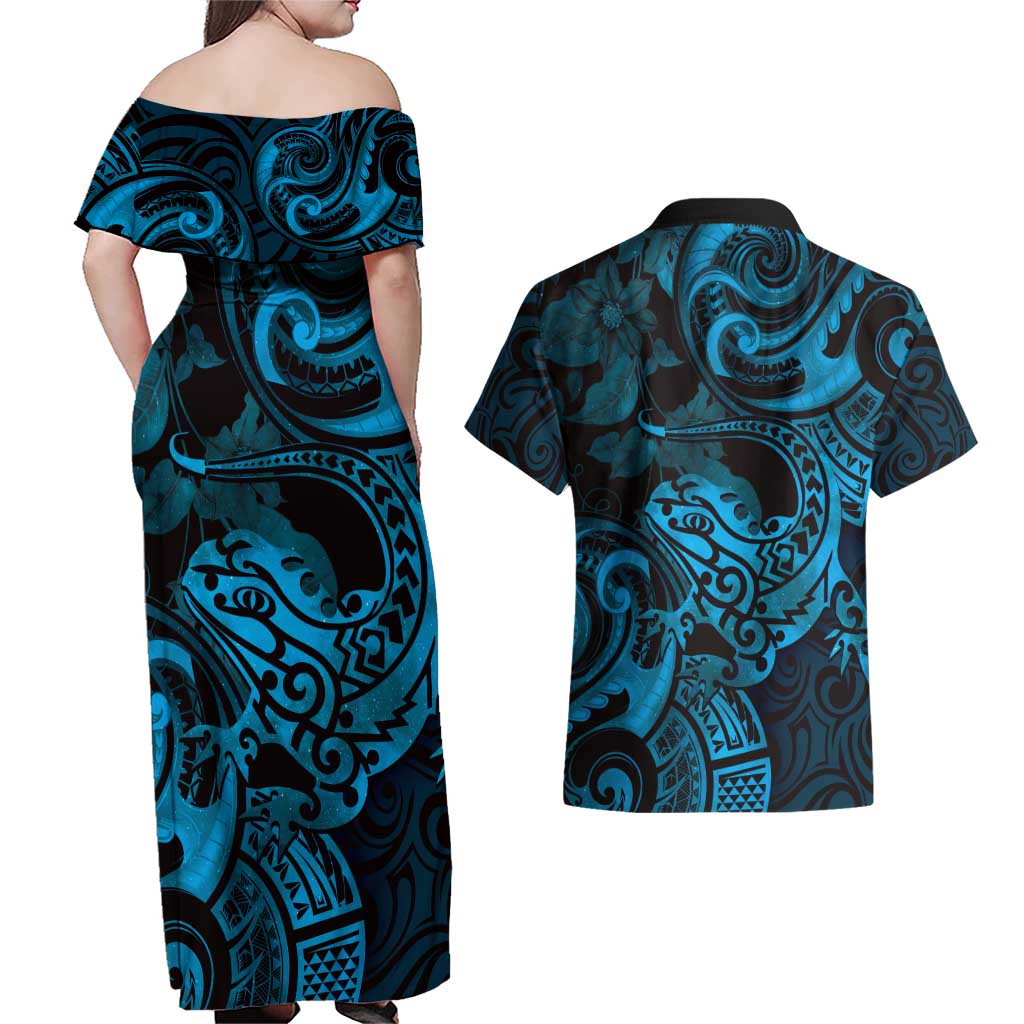 New Zealand Tuatara Couples Matching Off Shoulder Maxi Dress and Hawaiian Shirt Aotearoa Maori Clematis Flowers - Blue LT14 - Polynesian Pride
