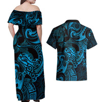 New Zealand Tuatara Couples Matching Off Shoulder Maxi Dress and Hawaiian Shirt Aotearoa Maori Clematis Flowers - Blue LT14 - Polynesian Pride