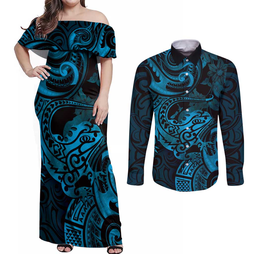 New Zealand Tuatara Couples Matching Off Shoulder Maxi Dress and Long Sleeve Button Shirt Aotearoa Maori Clematis Flowers - Blue LT14 Blue - Polynesian Pride