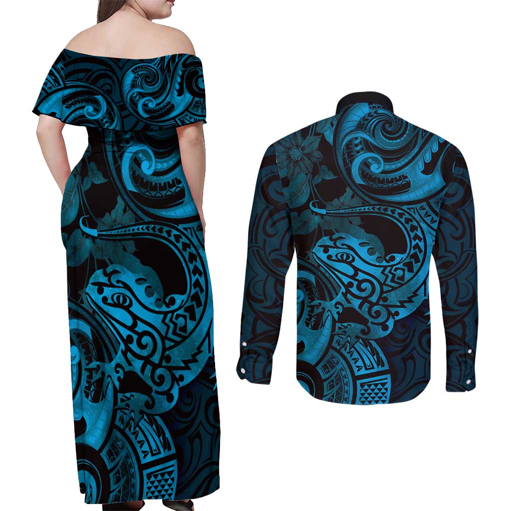 New Zealand Tuatara Couples Matching Off Shoulder Maxi Dress and Long Sleeve Button Shirt Aotearoa Maori Clematis Flowers - Blue LT14 - Polynesian Pride