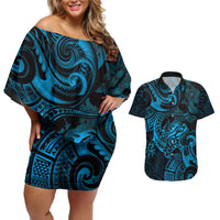 New Zealand Tuatara Couples Matching Off Shoulder Short Dress and Hawaiian Shirt Aotearoa Maori Clematis Flowers - Blue LT14 Blue - Polynesian Pride