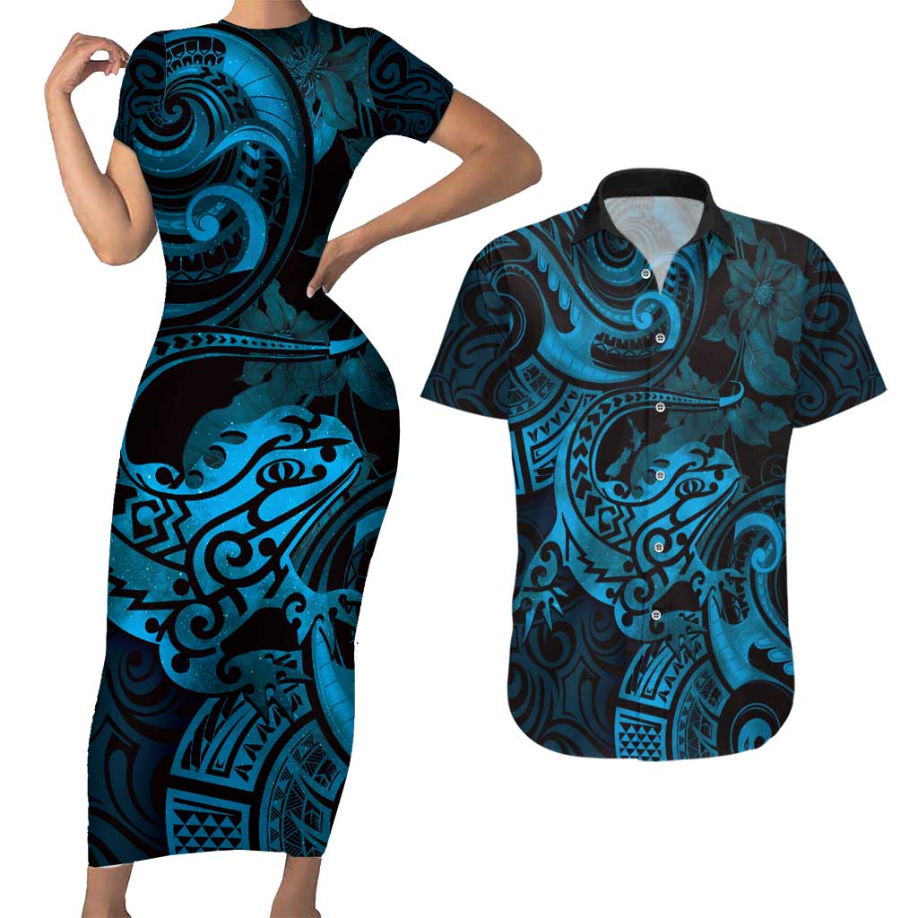 New Zealand Tuatara Couples Matching Short Sleeve Bodycon Dress and Hawaiian Shirt Aotearoa Maori Clematis Flowers - Blue LT14 Blue - Polynesian Pride