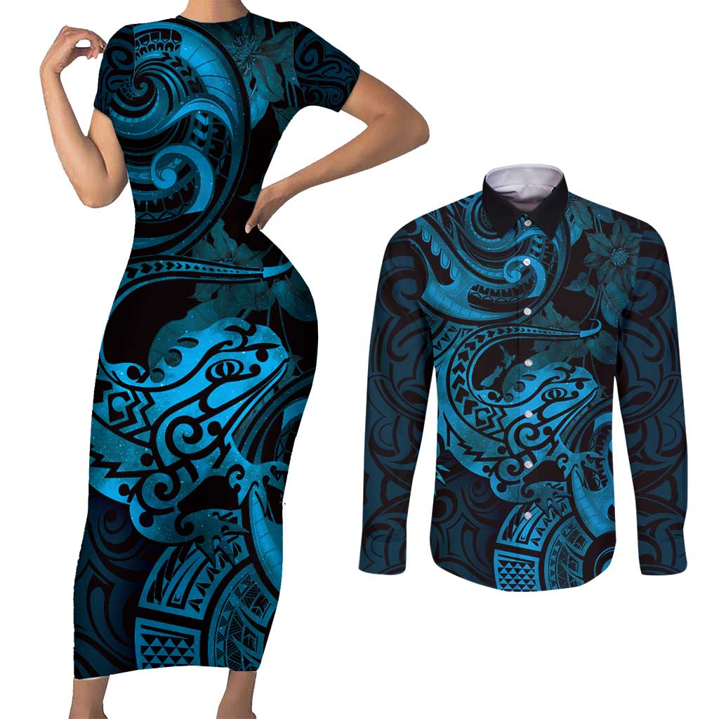 New Zealand Tuatara Couples Matching Short Sleeve Bodycon Dress and Long Sleeve Button Shirt Aotearoa Maori Clematis Flowers - Blue LT14 Blue - Polynesian Pride