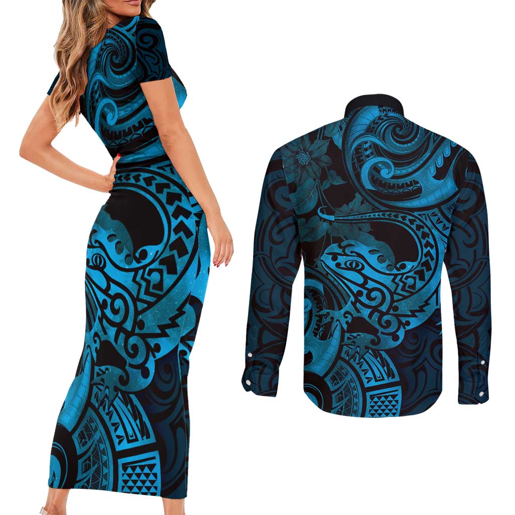 New Zealand Tuatara Couples Matching Short Sleeve Bodycon Dress and Long Sleeve Button Shirt Aotearoa Maori Clematis Flowers - Blue LT14 - Polynesian Pride