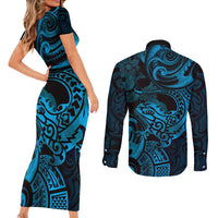 New Zealand Tuatara Couples Matching Short Sleeve Bodycon Dress and Long Sleeve Button Shirt Aotearoa Maori Clematis Flowers - Blue LT14 - Polynesian Pride