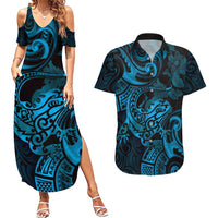 New Zealand Tuatara Couples Matching Summer Maxi Dress and Hawaiian Shirt Aotearoa Maori Clematis Flowers - Blue LT14 Blue - Polynesian Pride