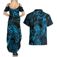 New Zealand Tuatara Couples Matching Summer Maxi Dress and Hawaiian Shirt Aotearoa Maori Clematis Flowers - Blue LT14 - Polynesian Pride