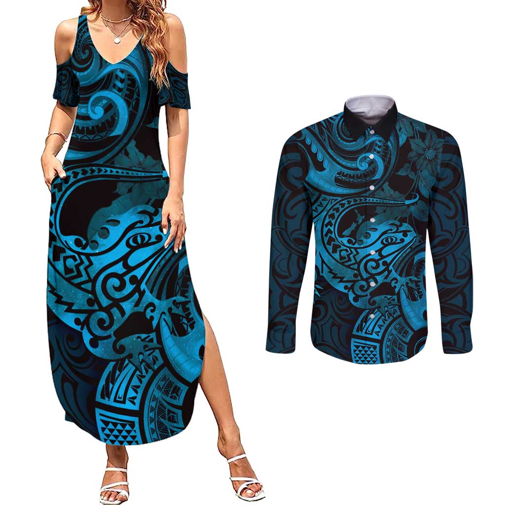 New Zealand Tuatara Couples Matching Summer Maxi Dress and Long Sleeve Button Shirt Aotearoa Maori Clematis Flowers - Blue LT14 Blue - Polynesian Pride