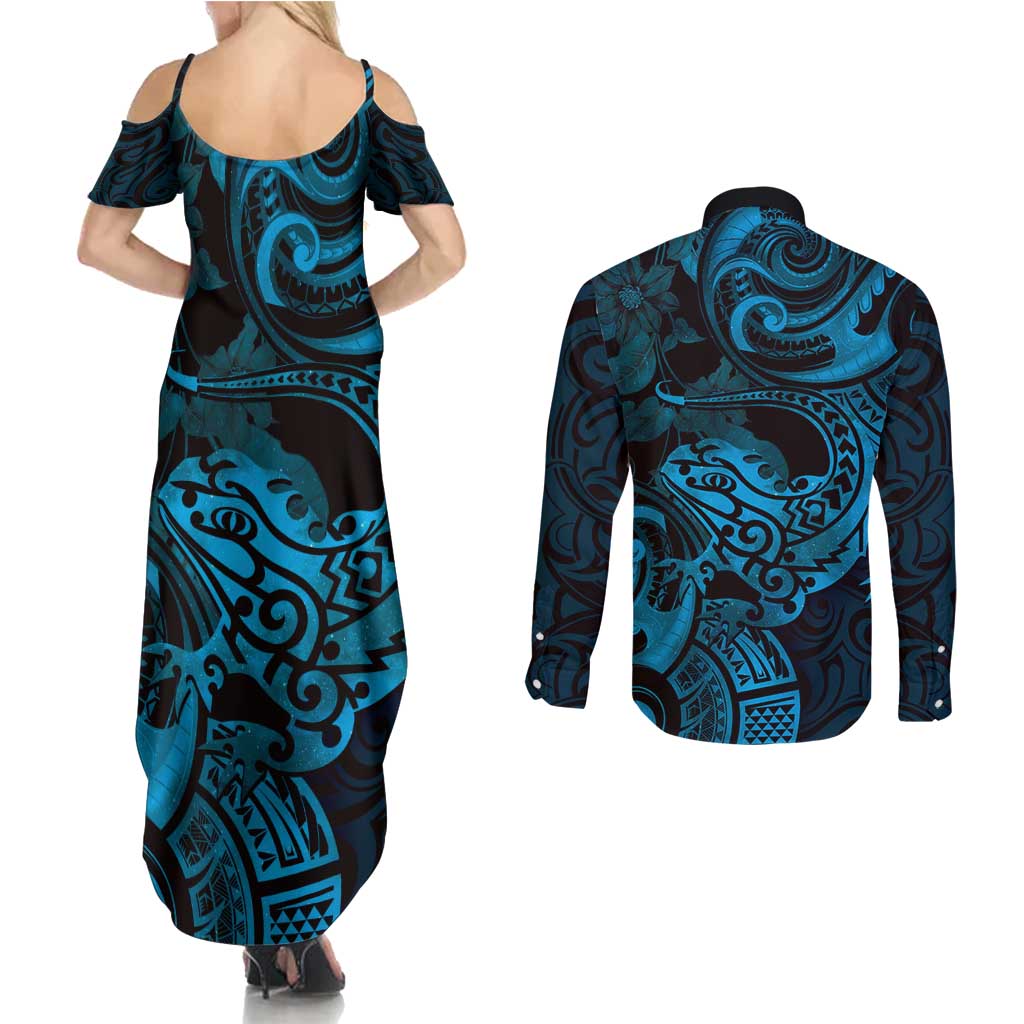 New Zealand Tuatara Couples Matching Summer Maxi Dress and Long Sleeve Button Shirt Aotearoa Maori Clematis Flowers - Blue LT14 - Polynesian Pride