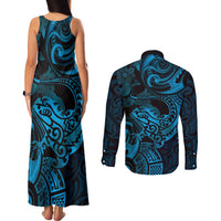 New Zealand Tuatara Couples Matching Tank Maxi Dress and Long Sleeve Button Shirt Aotearoa Maori Clematis Flowers - Blue LT14 - Polynesian Pride