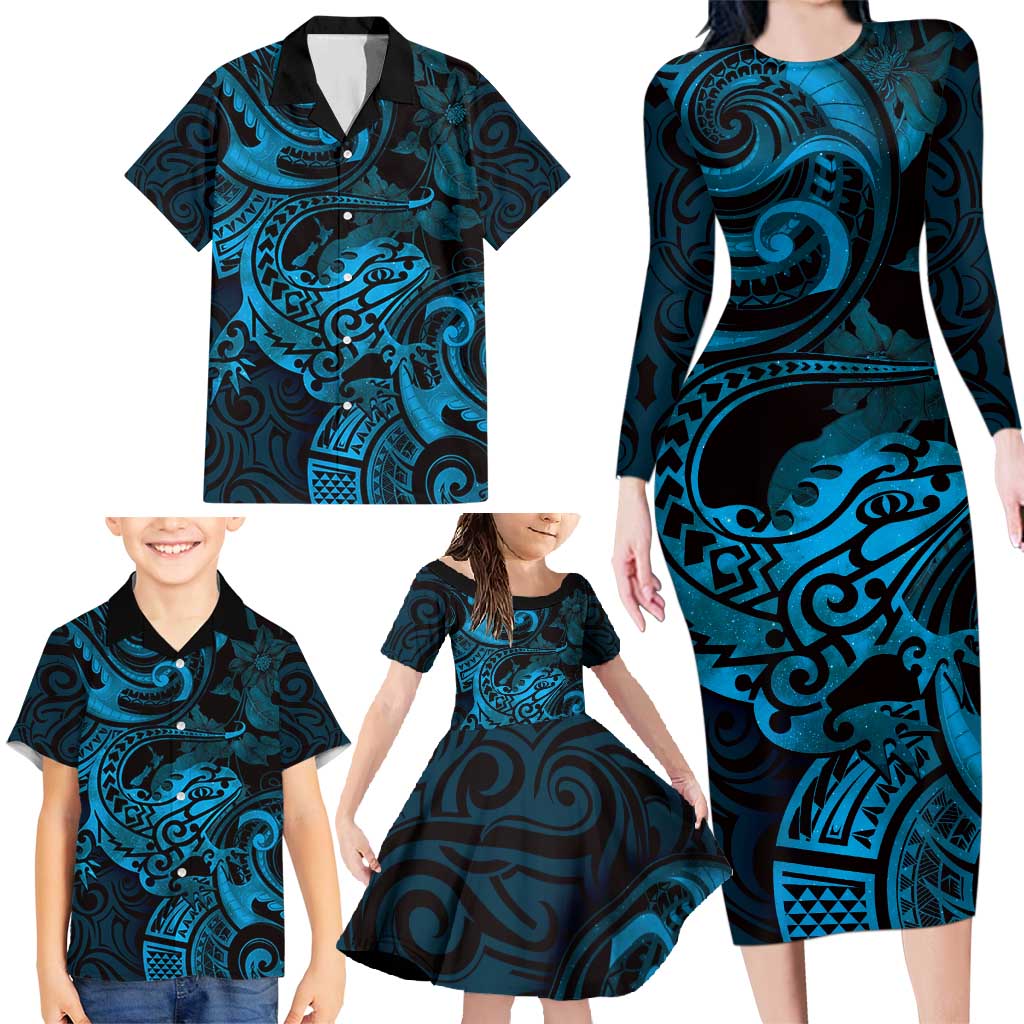 New Zealand Tuatara Family Matching Long Sleeve Bodycon Dress and Hawaiian Shirt Aotearoa Maori Clematis Flowers - Blue LT14 - Polynesian Pride