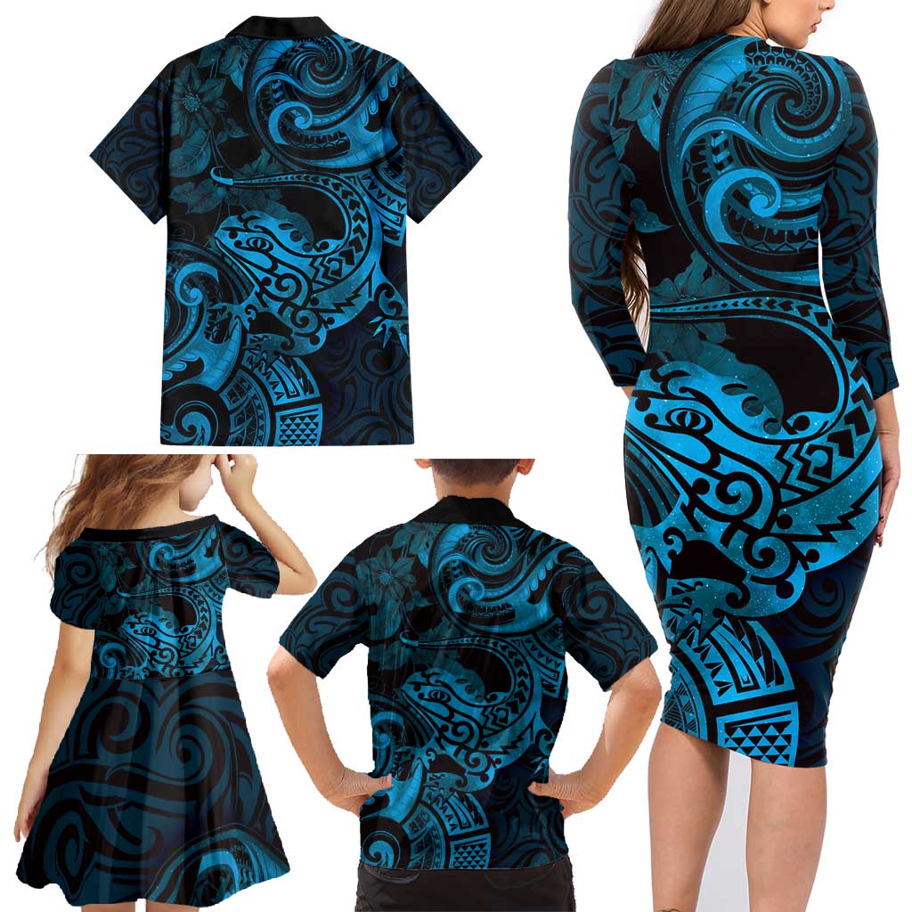 New Zealand Tuatara Family Matching Long Sleeve Bodycon Dress and Hawaiian Shirt Aotearoa Maori Clematis Flowers - Blue LT14 - Polynesian Pride