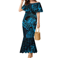 New Zealand Tuatara Family Matching Mermaid Dress and Hawaiian Shirt Aotearoa Maori Clematis Flowers - Blue LT14 Mom's Dress Blue - Polynesian Pride