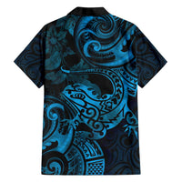 New Zealand Tuatara Family Matching Off The Shoulder Long Sleeve Dress and Hawaiian Shirt Aotearoa Maori Clematis Flowers - Blue LT14 - Polynesian Pride