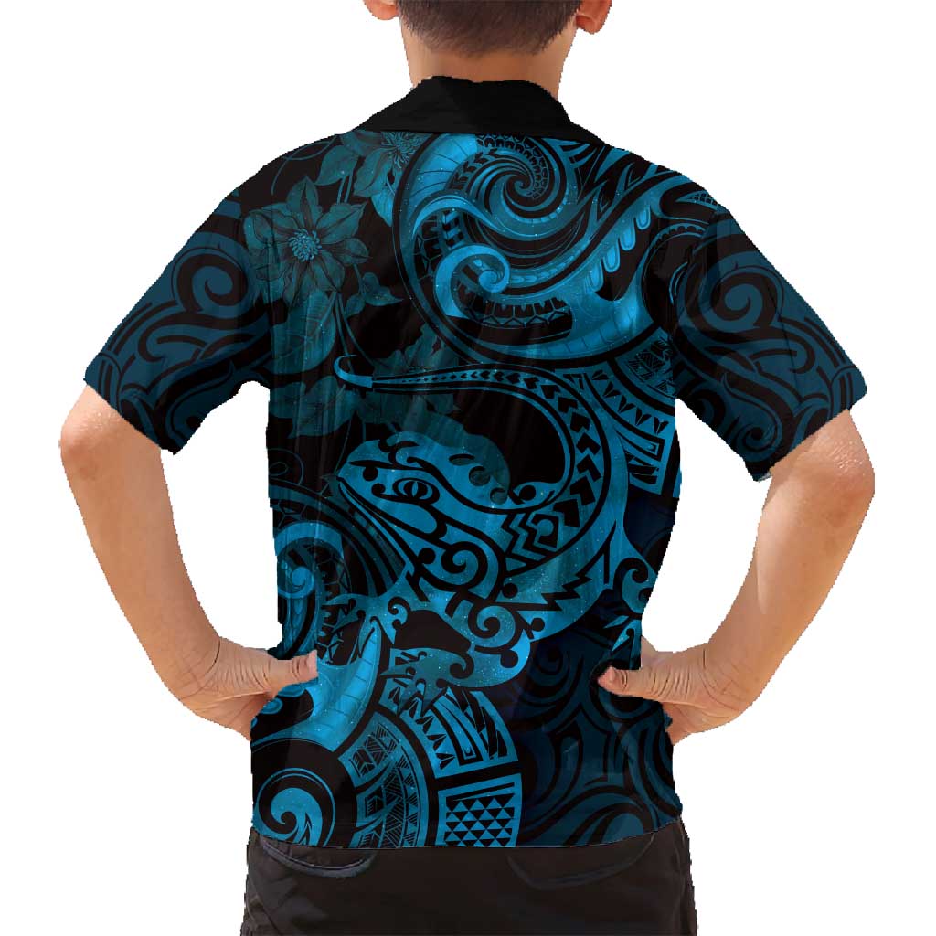 New Zealand Tuatara Family Matching Off Shoulder Maxi Dress and Hawaiian Shirt Aotearoa Maori Clematis Flowers - Blue LT14 - Polynesian Pride