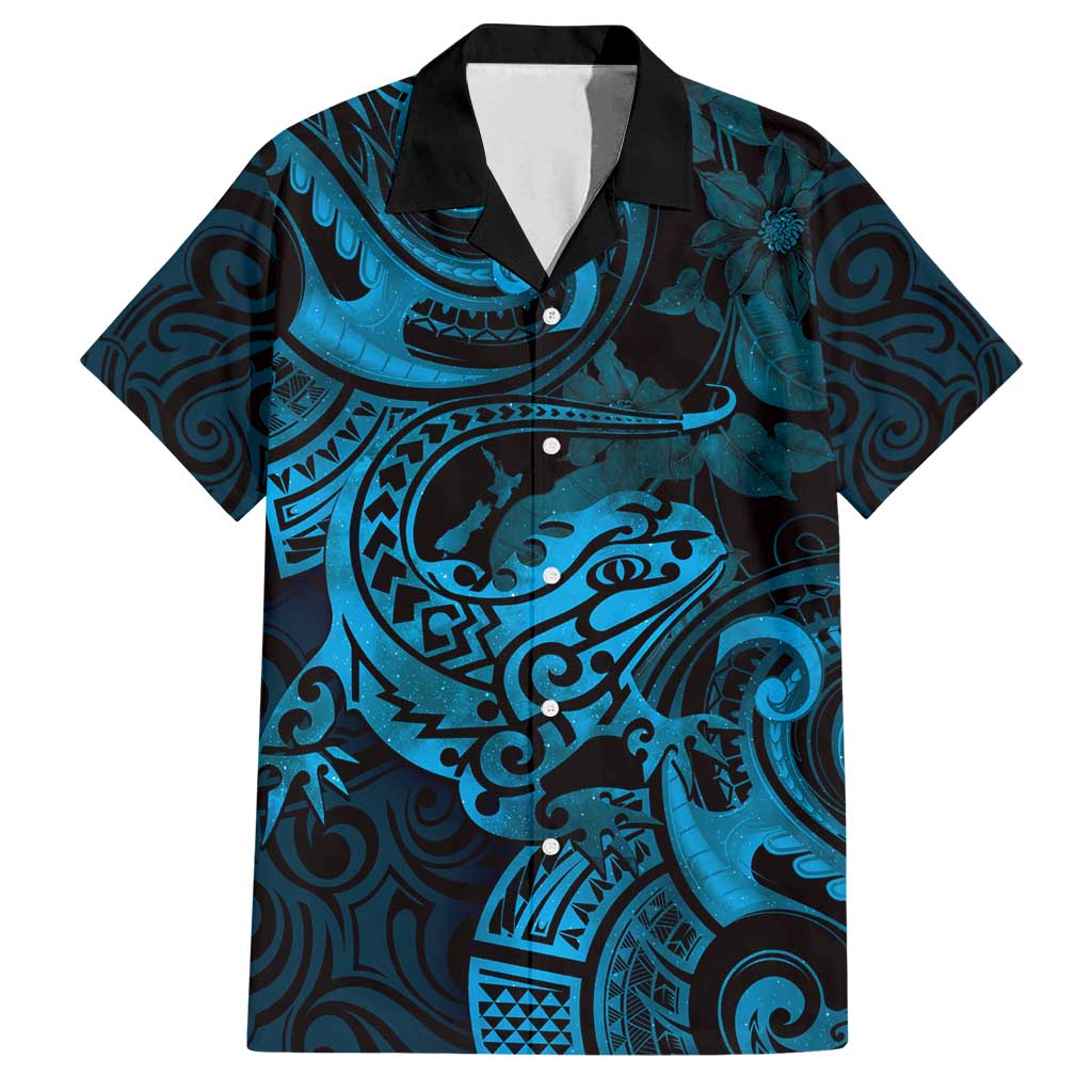 New Zealand Tuatara Family Matching Off Shoulder Maxi Dress and Hawaiian Shirt Aotearoa Maori Clematis Flowers - Blue LT14 Dad's Shirt - Short Sleeve Blue - Polynesian Pride