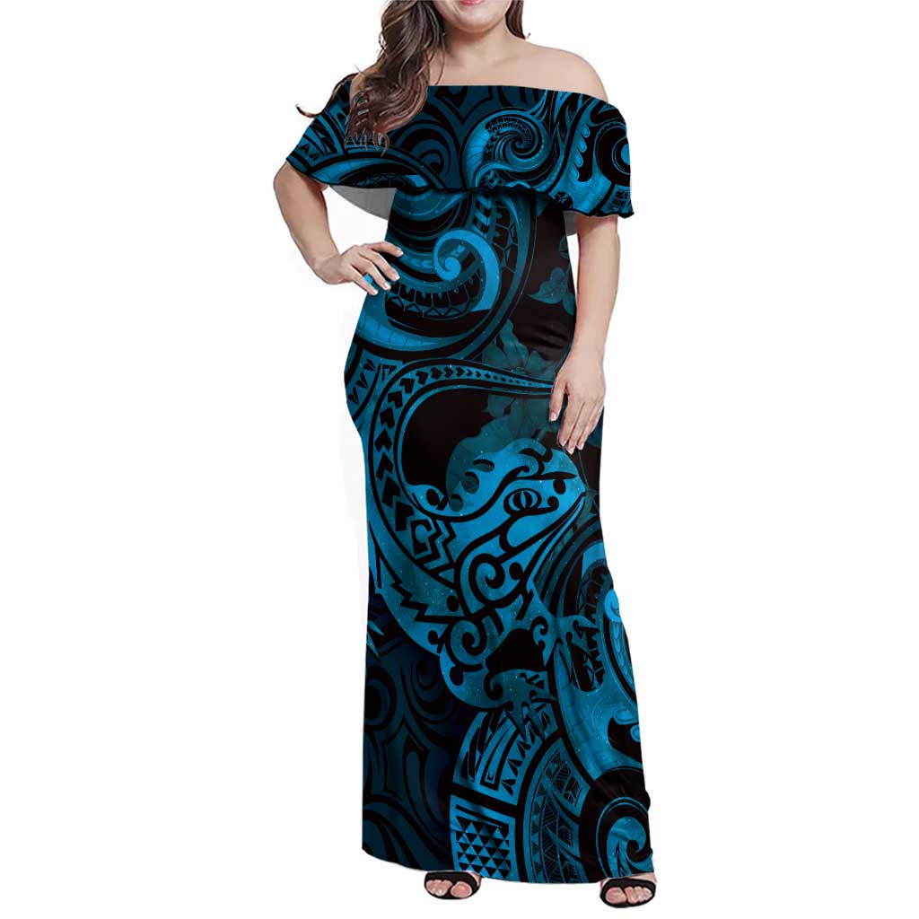 New Zealand Tuatara Family Matching Off Shoulder Maxi Dress and Hawaiian Shirt Aotearoa Maori Clematis Flowers - Blue LT14 Mom's Dress Blue - Polynesian Pride