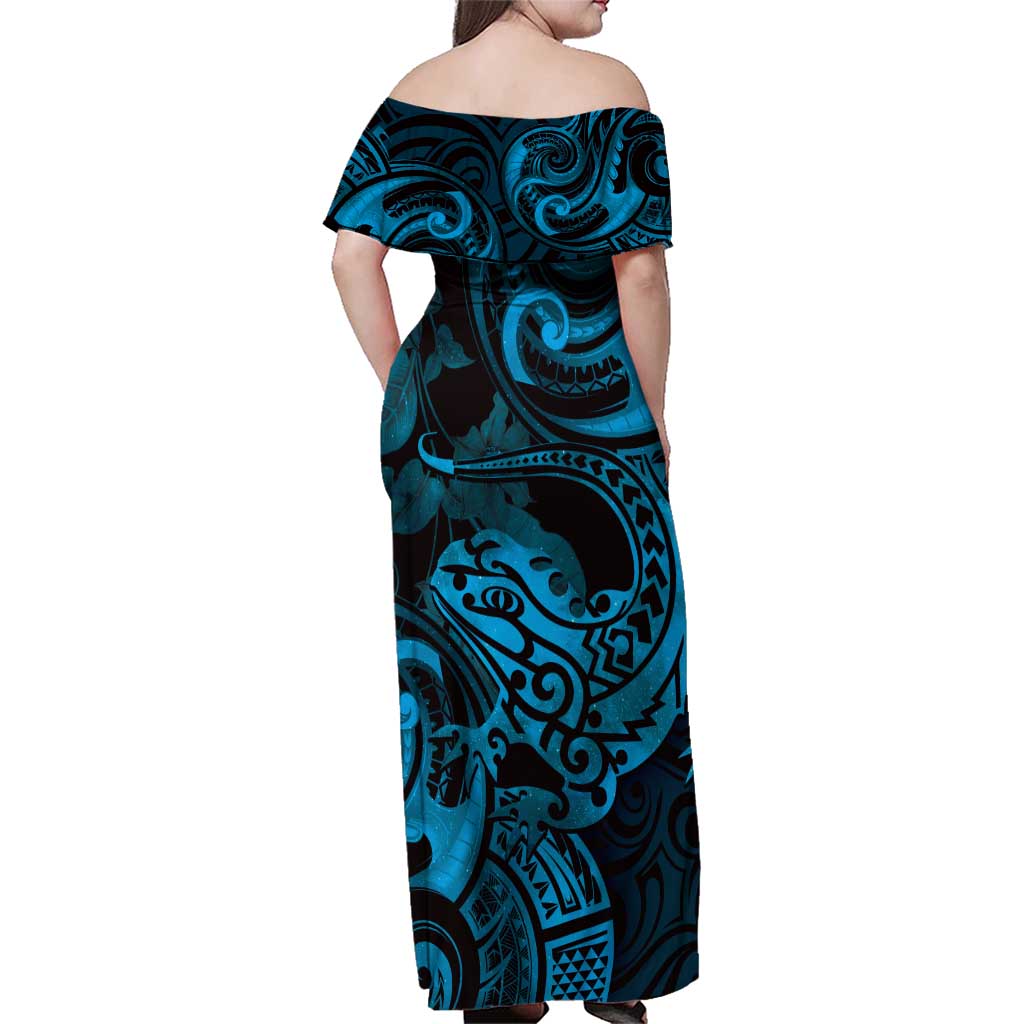 New Zealand Tuatara Family Matching Off Shoulder Maxi Dress and Hawaiian Shirt Aotearoa Maori Clematis Flowers - Blue LT14 - Polynesian Pride