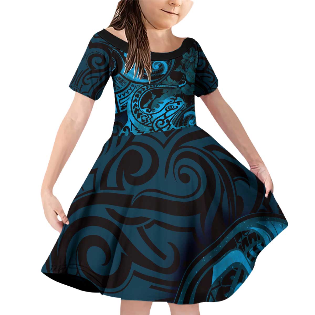 New Zealand Tuatara Family Matching Off Shoulder Short Dress and Hawaiian Shirt Aotearoa Maori Clematis Flowers - Blue LT14 Daughter's Dress Blue - Polynesian Pride