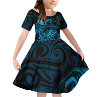 New Zealand Tuatara Family Matching Off Shoulder Short Dress and Hawaiian Shirt Aotearoa Maori Clematis Flowers - Blue LT14 Daughter's Dress Blue - Polynesian Pride