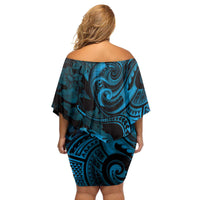 New Zealand Tuatara Family Matching Off Shoulder Short Dress and Hawaiian Shirt Aotearoa Maori Clematis Flowers - Blue LT14 - Polynesian Pride