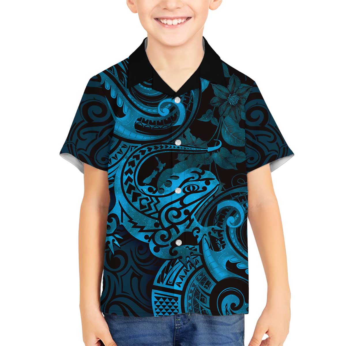 New Zealand Tuatara Family Matching Off Shoulder Short Dress and Hawaiian Shirt Aotearoa Maori Clematis Flowers - Blue LT14 Son's Shirt Blue - Polynesian Pride