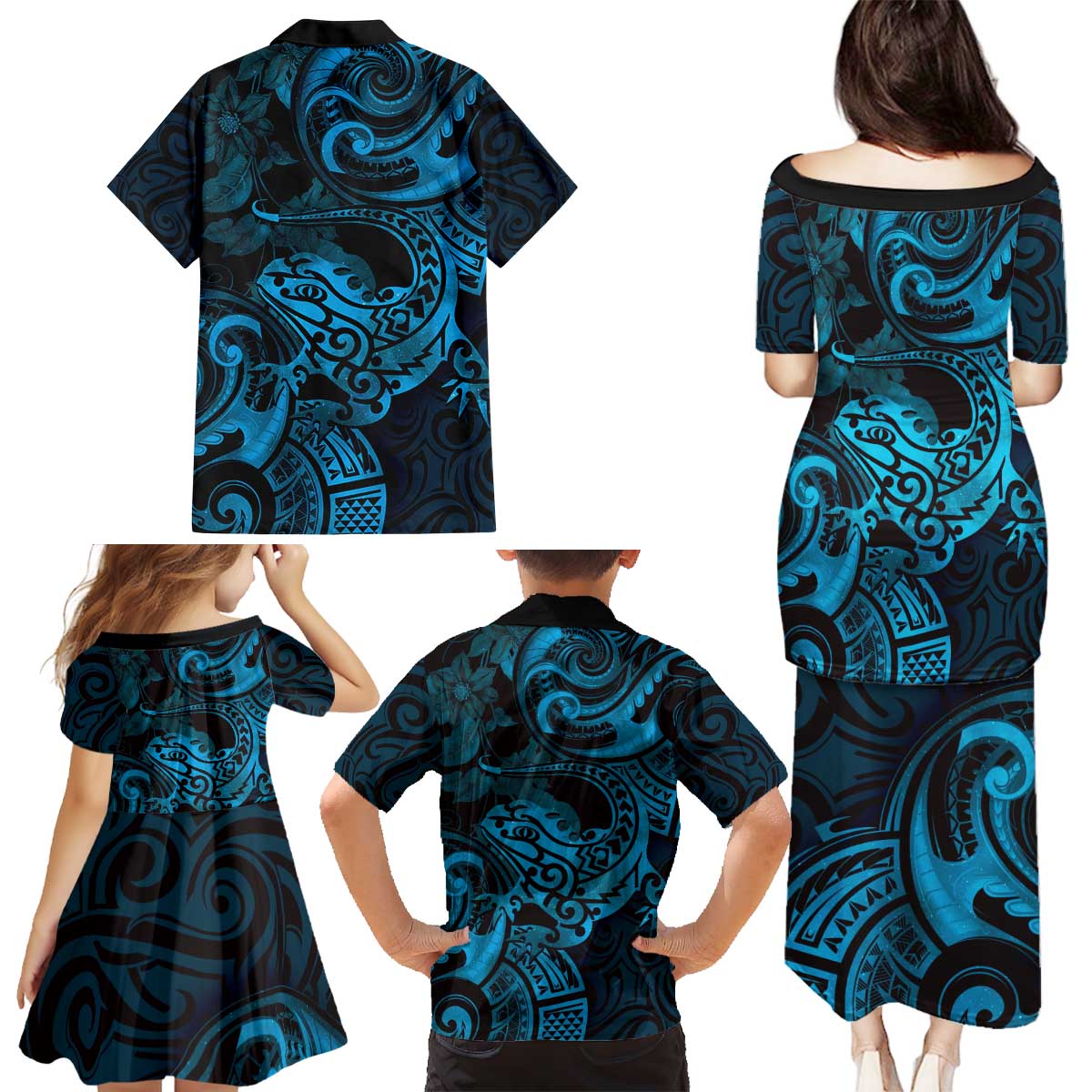 New Zealand Tuatara Family Matching Puletasi and Hawaiian Shirt Aotearoa Maori Clematis Flowers - Blue LT14 - Polynesian Pride