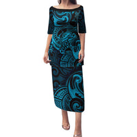 New Zealand Tuatara Family Matching Puletasi and Hawaiian Shirt Aotearoa Maori Clematis Flowers - Blue LT14 Mom's Dress Blue - Polynesian Pride