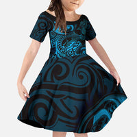 New Zealand Tuatara Family Matching Short Sleeve Bodycon Dress and Hawaiian Shirt Aotearoa Maori Clematis Flowers - Blue LT14 Daughter's Dress Blue - Polynesian Pride