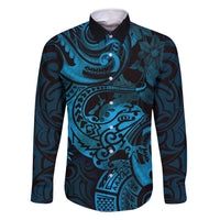 New Zealand Tuatara Family Matching Summer Maxi Dress and Hawaiian Shirt Aotearoa Maori Clematis Flowers - Blue LT14 Dad's Shirt - Long Sleeve Blue - Polynesian Pride