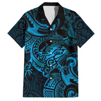 New Zealand Tuatara Family Matching Tank Maxi Dress and Hawaiian Shirt Aotearoa Maori Clematis Flowers - Blue LT14 Dad's Shirt - Short Sleeve Blue - Polynesian Pride