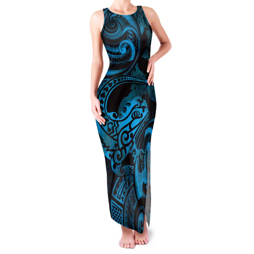 New Zealand Tuatara Family Matching Tank Maxi Dress and Hawaiian Shirt Aotearoa Maori Clematis Flowers - Blue LT14 Mom's Dress Blue - Polynesian Pride