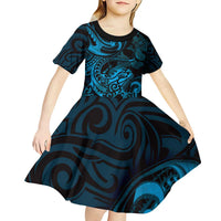New Zealand Tuatara Kid Short Sleeve Dress Aotearoa Maori Clematis Flowers - Blue