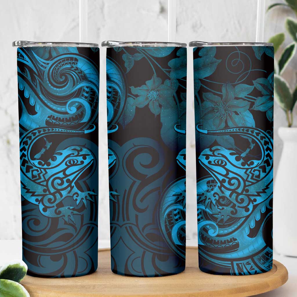 New Zealand Tuatara Skinny Tumbler Aotearoa Maori Clematis Flowers - Blue LT14 - Polynesian Pride