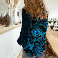 New Zealand Tuatara Women Casual Shirt Aotearoa Maori Clematis Flowers - Blue LT14 - Polynesian Pride