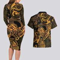 New Zealand Tuatara Couples Matching Long Sleeve Bodycon Dress and Hawaiian Shirt Aotearoa Maori Clematis Flowers - Gold LT14 - Polynesian Pride