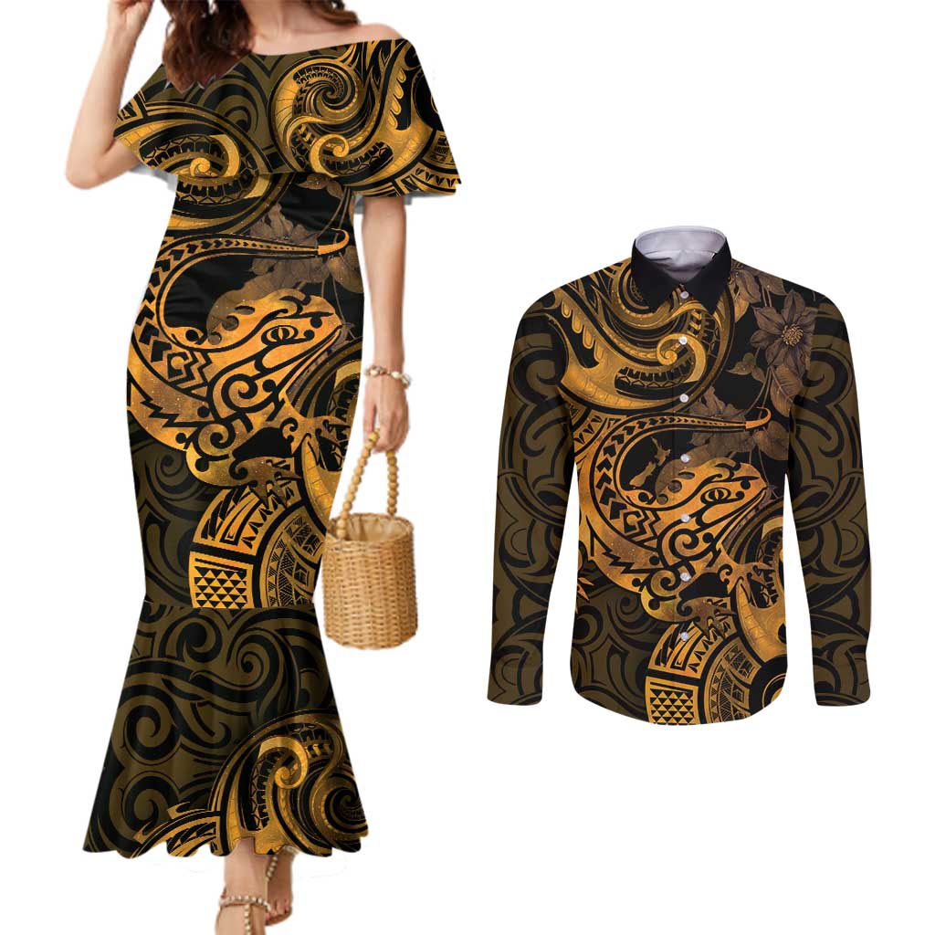New Zealand Tuatara Couples Matching Mermaid Dress and Long Sleeve Button Shirt Aotearoa Maori Clematis Flowers - Gold LT14 Gold - Polynesian Pride