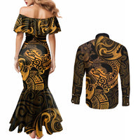 New Zealand Tuatara Couples Matching Mermaid Dress and Long Sleeve Button Shirt Aotearoa Maori Clematis Flowers - Gold LT14 - Polynesian Pride