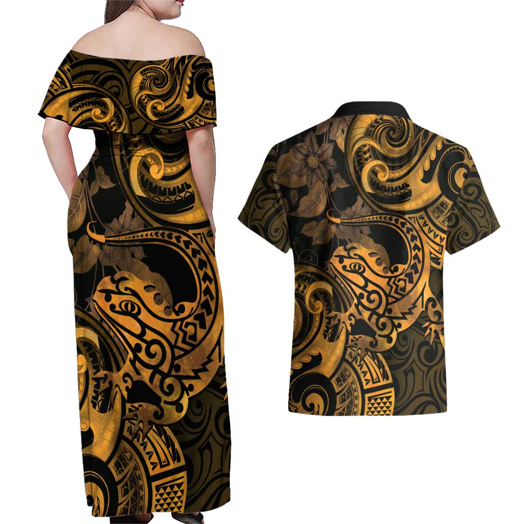 New Zealand Tuatara Couples Matching Off Shoulder Maxi Dress and Hawaiian Shirt Aotearoa Maori Clematis Flowers - Gold LT14 - Polynesian Pride