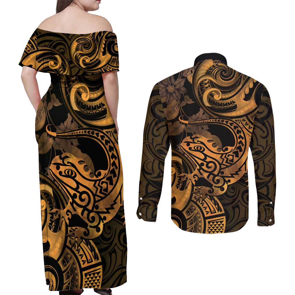 New Zealand Tuatara Couples Matching Off Shoulder Maxi Dress and Long Sleeve Button Shirt Aotearoa Maori Clematis Flowers - Gold LT14 - Polynesian Pride