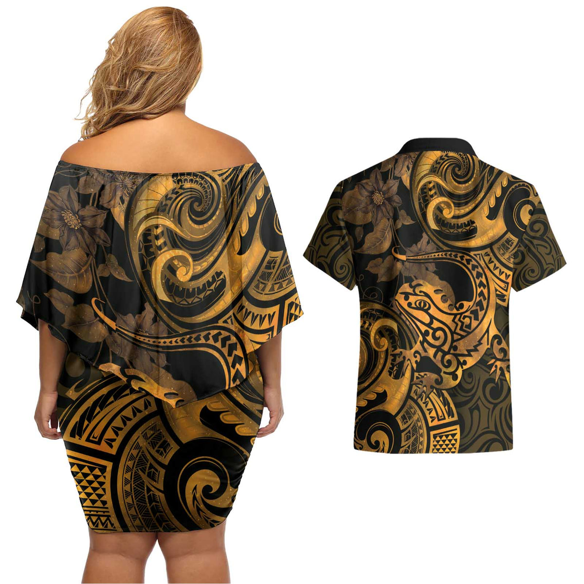 New Zealand Tuatara Couples Matching Off Shoulder Short Dress and Hawaiian Shirt Aotearoa Maori Clematis Flowers - Gold LT14 - Polynesian Pride