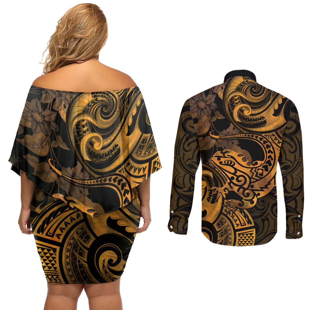 New Zealand Tuatara Couples Matching Off Shoulder Short Dress and Long Sleeve Button Shirt Aotearoa Maori Clematis Flowers - Gold LT14 - Polynesian Pride