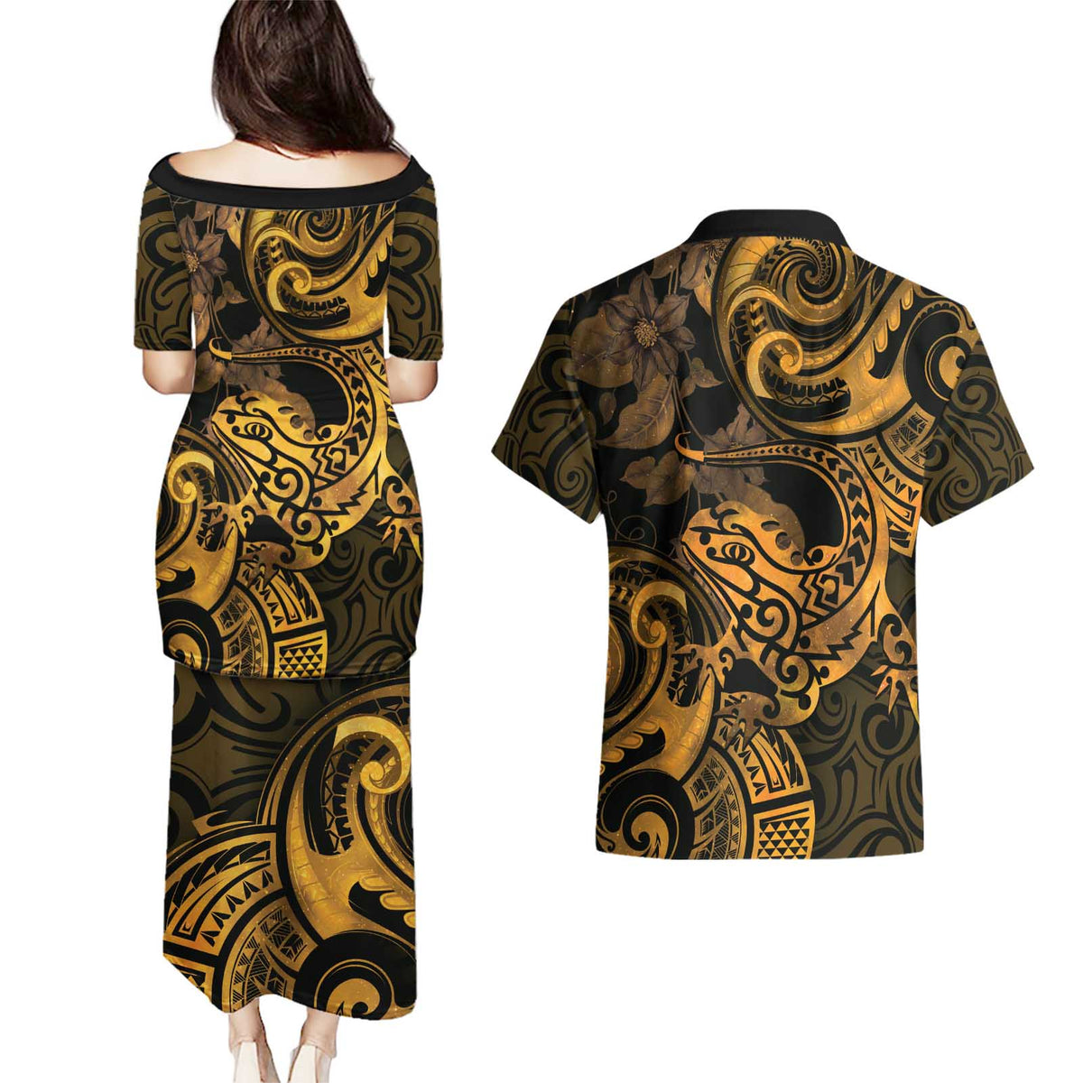 New Zealand Tuatara Couples Matching Puletasi and Hawaiian Shirt Aotearoa Maori Clematis Flowers - Gold LT14 - Polynesian Pride