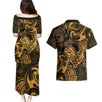 New Zealand Tuatara Couples Matching Puletasi and Hawaiian Shirt Aotearoa Maori Clematis Flowers - Gold LT14 - Polynesian Pride