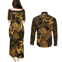 New Zealand Tuatara Couples Matching Puletasi and Long Sleeve Button Shirt Aotearoa Maori Clematis Flowers - Gold LT14 - Polynesian Pride