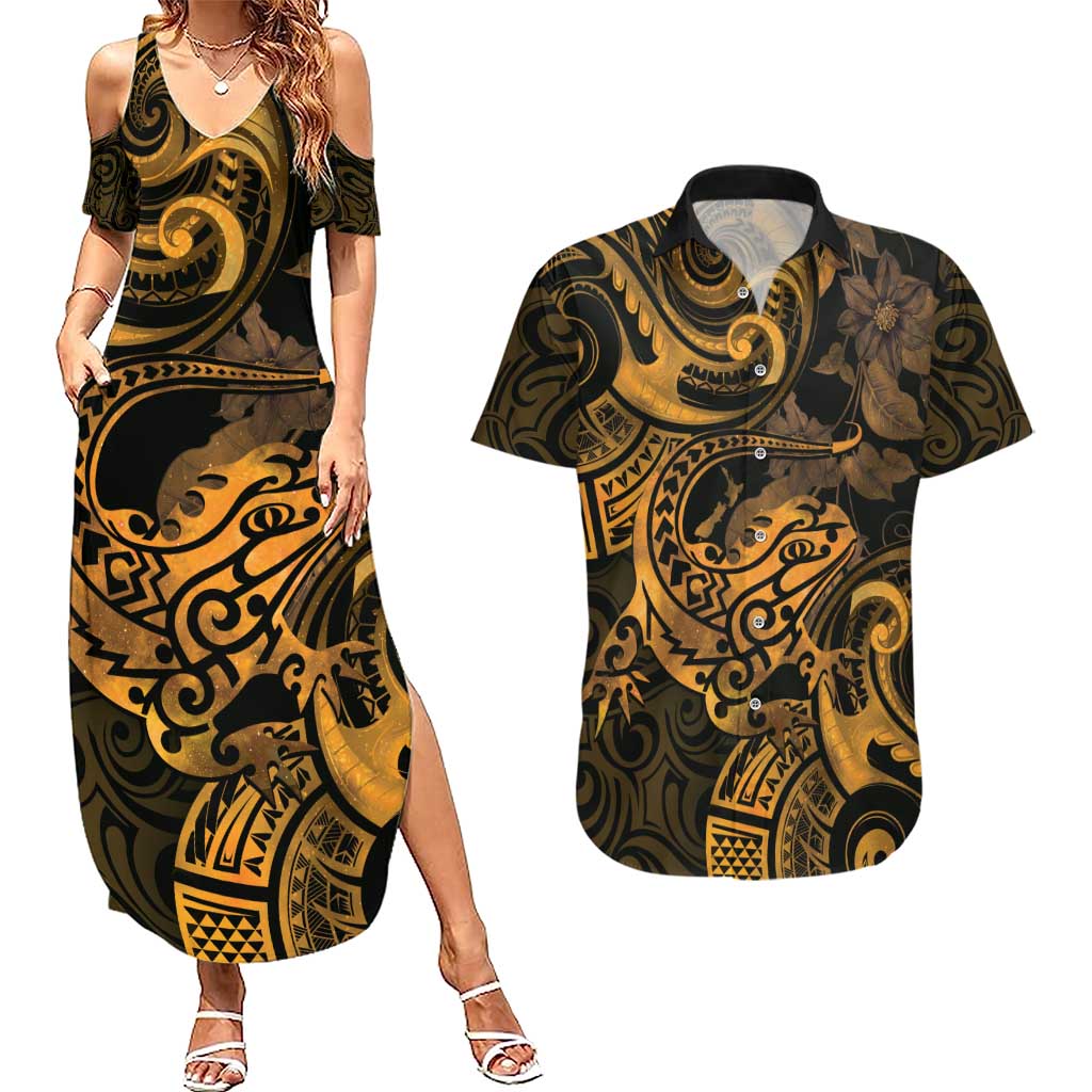 New Zealand Tuatara Couples Matching Summer Maxi Dress and Hawaiian Shirt Aotearoa Maori Clematis Flowers - Gold LT14 Gold - Polynesian Pride