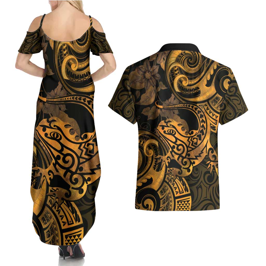 New Zealand Tuatara Couples Matching Summer Maxi Dress and Hawaiian Shirt Aotearoa Maori Clematis Flowers - Gold LT14 - Polynesian Pride