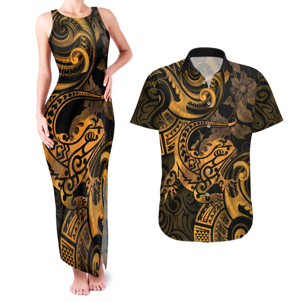 New Zealand Tuatara Couples Matching Tank Maxi Dress and Hawaiian Shirt Aotearoa Maori Clematis Flowers - Gold LT14 Gold - Polynesian Pride