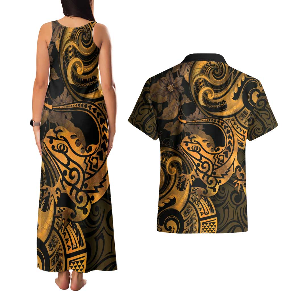 New Zealand Tuatara Couples Matching Tank Maxi Dress and Hawaiian Shirt Aotearoa Maori Clematis Flowers - Gold LT14 - Polynesian Pride